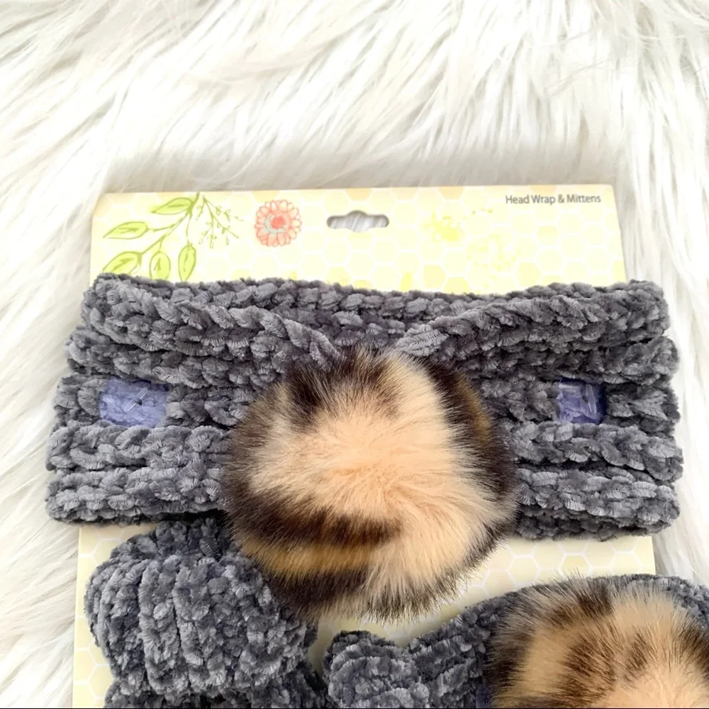 NWT Altar’d State Tullabee Gray Head Wrap & Mittens Set Infant Girl
